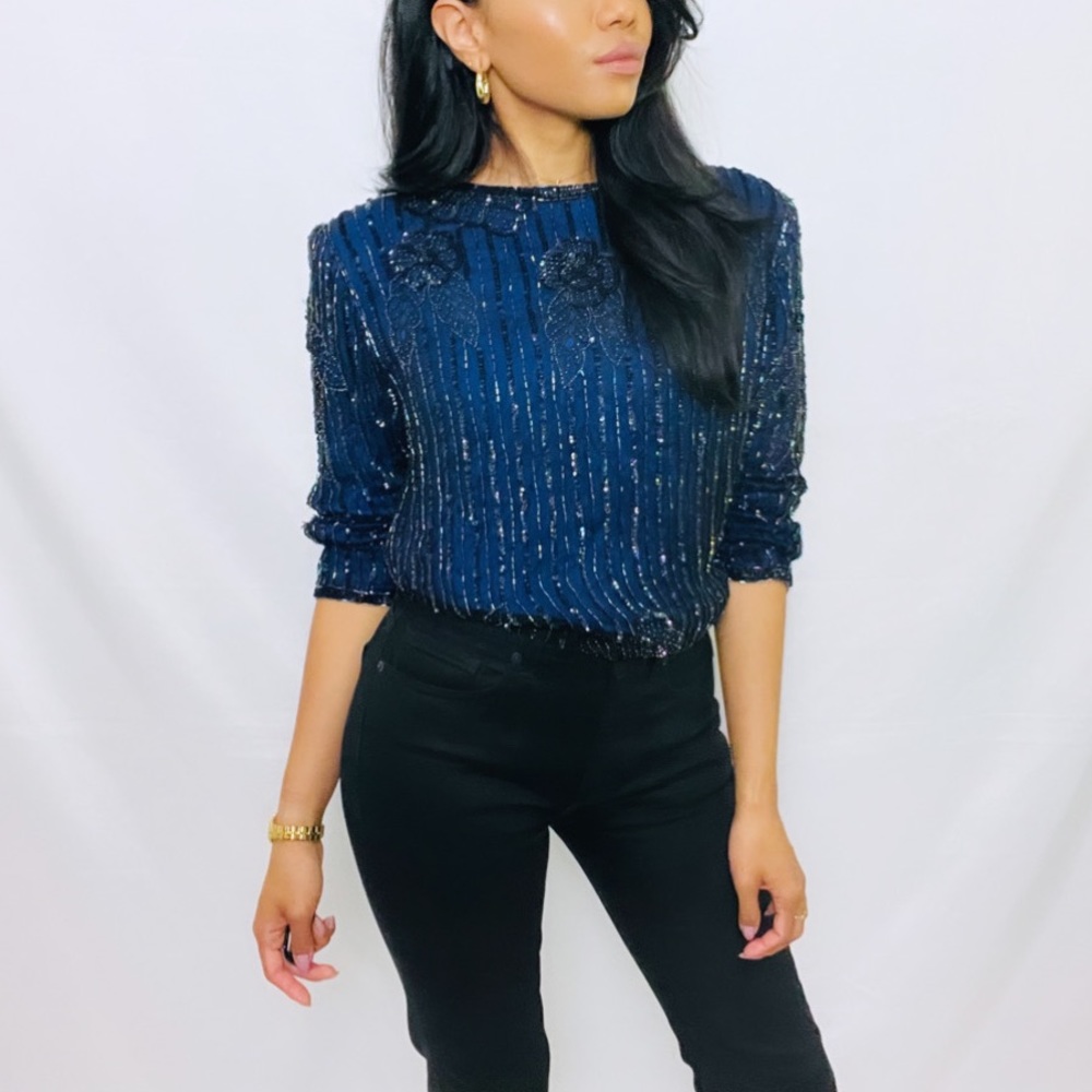 Cache | Blue Fully Beaded Sequin Embellished Top - image 1
